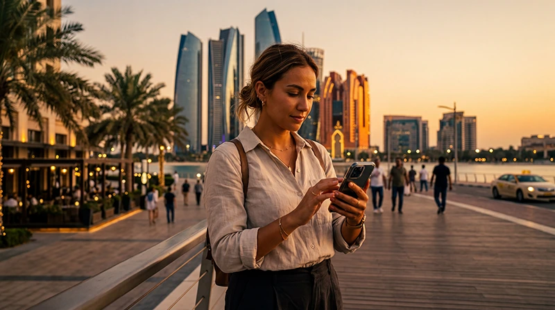 Tourist using mobile internet in Abu Dhabi with smartphone and UAE eSIM near Sheikh Zayed Grand Mosque.