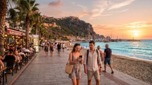 Tourists using mobile internet while exploring Alanya in Turkey.