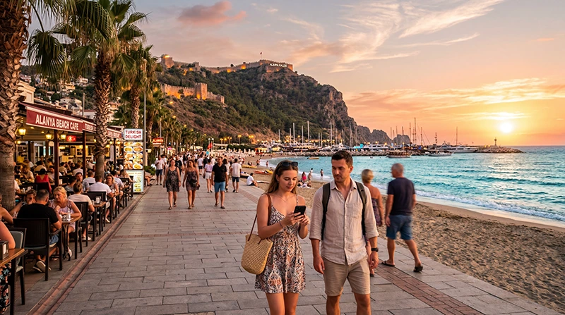 Tourists using mobile internet while exploring Alanya in Turkey.