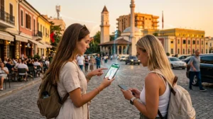 Tourists using mobile internet and eSIM connectivity while traveling in Albania.