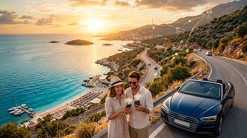 Tourists using mobile internet and eSIM connectivity while traveling along the Albanian Riviera.