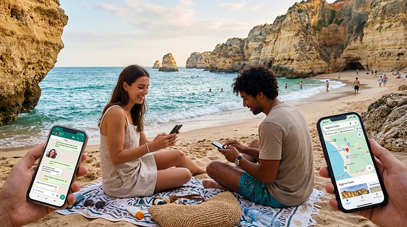 Tourists using Portugal eSIM and mobile internet on Algarve beaches