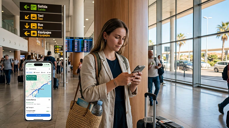 Traveler using mobile internet after arriving at Alicante Airport