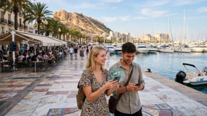 Tourists using mobile internet and eSIM in Alicante