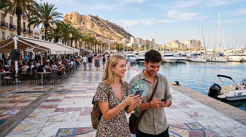 Tourists using mobile internet and eSIM in Alicante