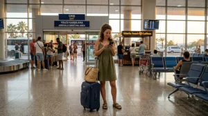 Traveler using mobile internet after arriving at Antalya Airport in Turkey.