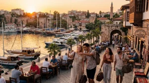 Tourists using mobile internet while exploring Antalya in Turkey.