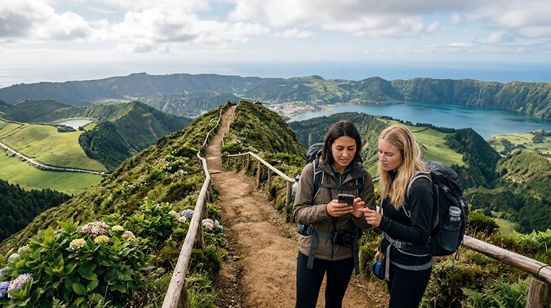 Tourists using mobile internet and Portugal eSIM while exploring volcanic landscapes in the Azores