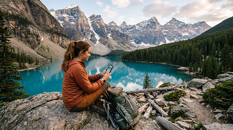 Traveler using mobile internet in Banff National Park with smartphone lake and Canadian Rockies mountains