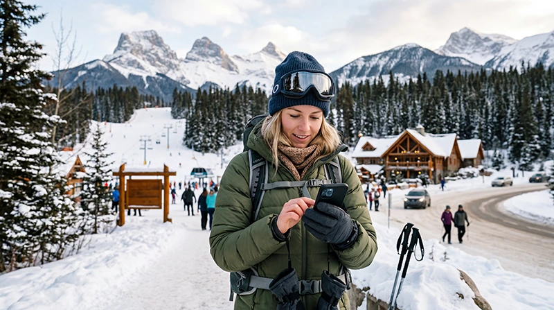Traveler using mobile internet during ski travel in Banff Canada with snowy mountain scenery
