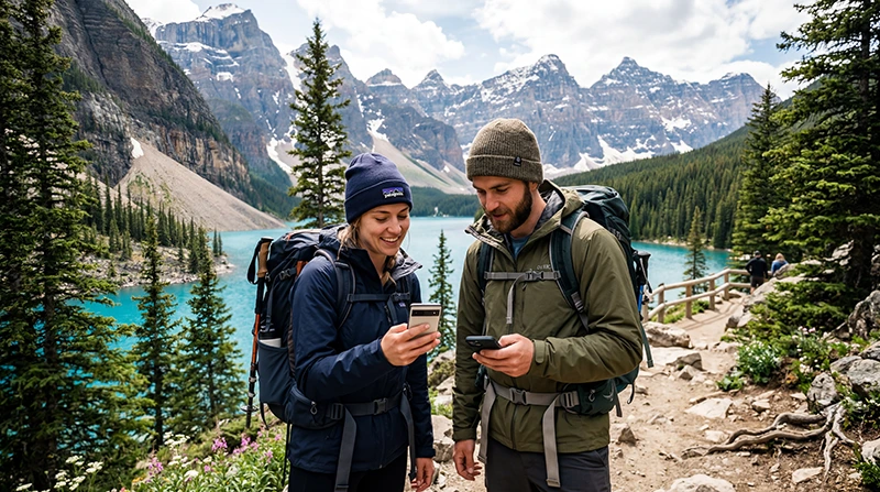Tourists using mobile internet in Banff with smartphone and Canadian Rockies mountain scenery
