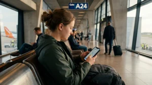 Traveler using mobile internet and eSIM connectivity at Basel Airport in Switzerland.