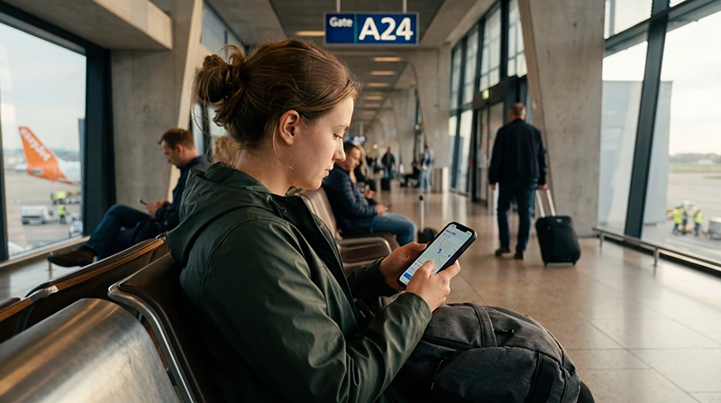 Traveler using mobile internet and eSIM connectivity at Basel Airport in Switzerland.