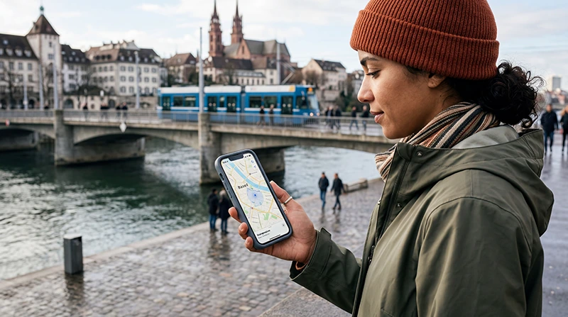 Tourist using mobile internet and eSIM connectivity while exploring Basel in Switzerland.