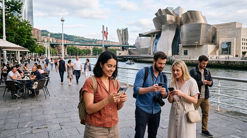 Tourists using mobile internet and eSIM in Bilbao