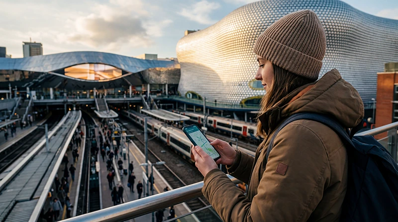 Tourist using mobile internet in Birmingham on a smartphone while exploring the city centre.