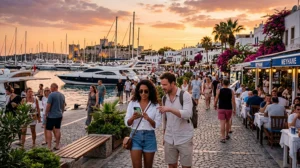 Tourists using mobile internet while exploring Bodrum in Turkey.