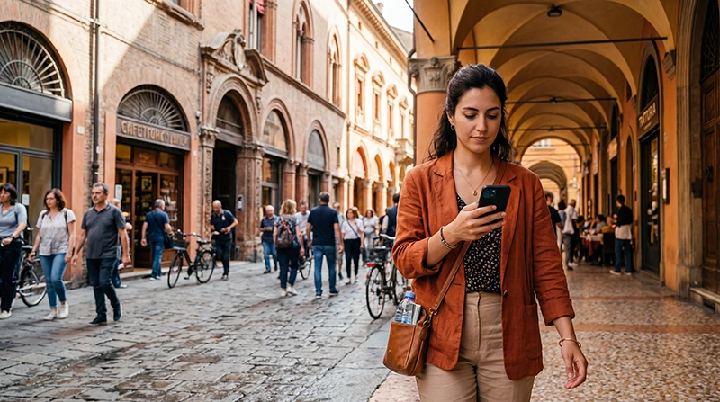 Tourist using mobile internet while exploring Bologna in Italy