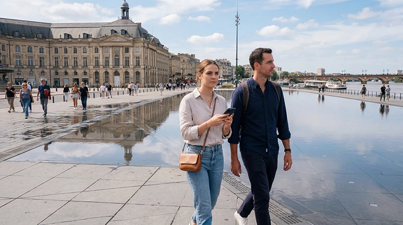 Tourists using mobile internet and France eSIM while exploring Bordeaux