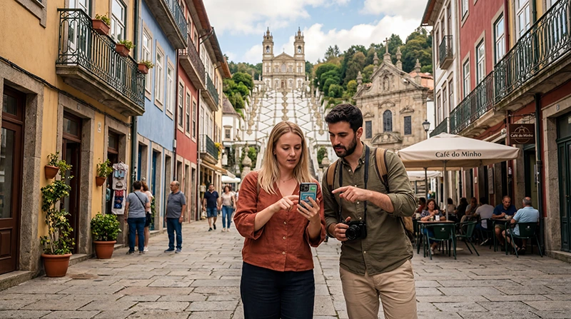 Tourists using mobile internet and Portugal eSIM while exploring Braga