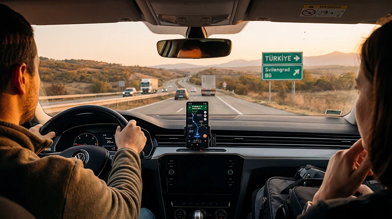 Travelers using mobile internet during a Bulgaria to Turkey road trip.