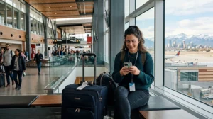 Traveler using mobile internet at Calgary International Airport after arriving in Canada