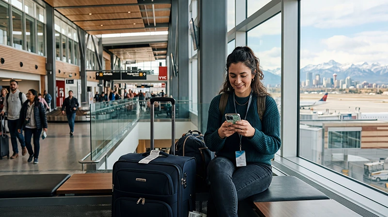 Traveler using mobile internet at Calgary International Airport after arriving in Canada