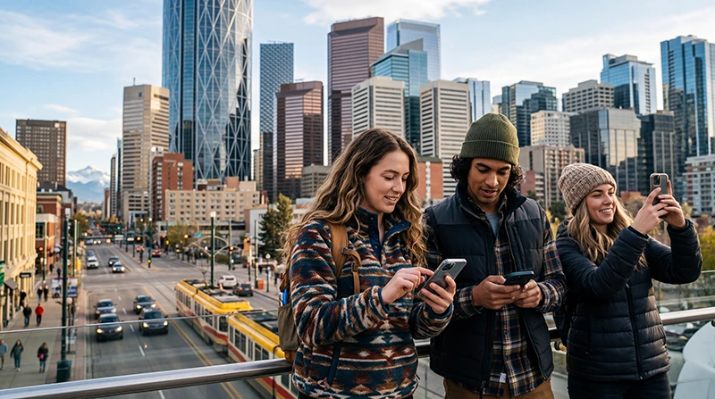 Tourists using mobile internet in Calgary with smartphone and downtown skyline in Canada