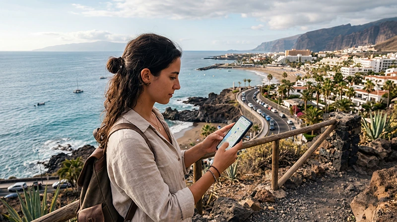 Traveler using mobile internet and eSIM in the Canary Islands