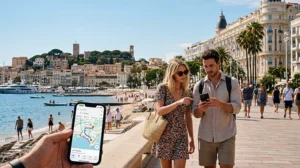 Tourists using mobile internet and France eSIM while exploring Cannes