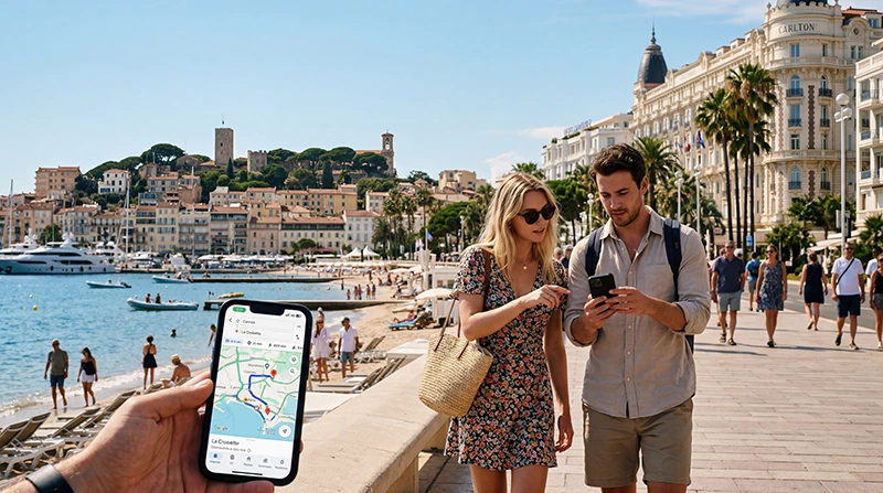 Tourists using mobile internet and France eSIM while exploring Cannes