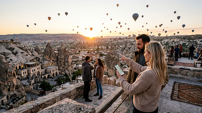 Tourists using mobile internet while exploring Cappadocia in Turkey.