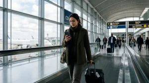 Traveler using France eSIM and mobile internet after arriving at Charles de Gaulle Airport