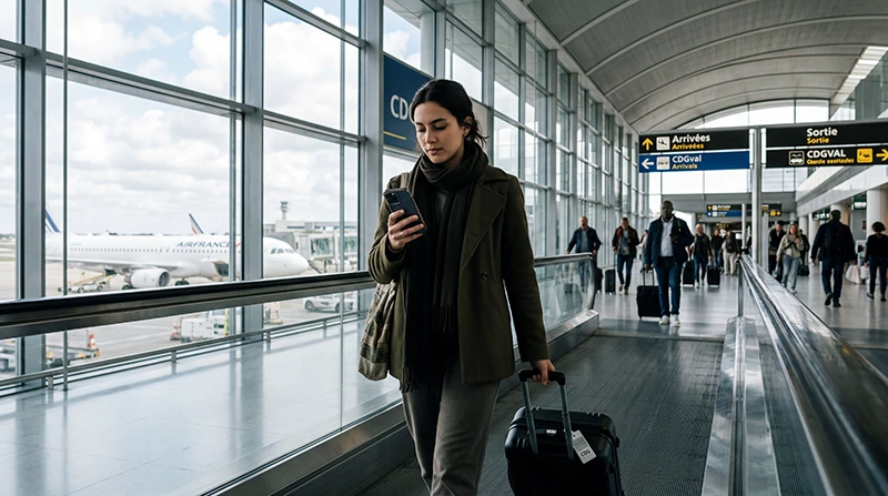 Traveler using France eSIM and mobile internet after arriving at Charles de Gaulle Airport