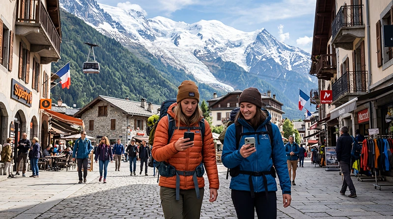 Tourists using mobile internet and France eSIM while exploring Chamonix