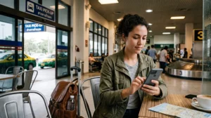 Traveler using mobile internet at Chiang Mai airport with a Thailand eSIM for maps, transportation, hotel bookings, and travel apps.