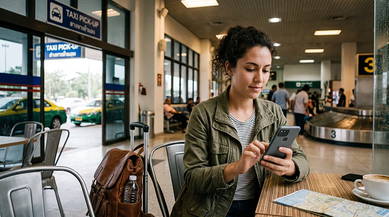 Traveler using mobile internet at Chiang Mai airport with a Thailand eSIM for maps, transportation, hotel bookings, and travel apps.