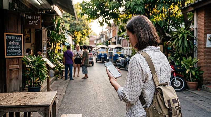 Tourist using mobile internet in Chiang Mai with a Thailand eSIM for maps, cafés, hotel bookings, and travel apps.