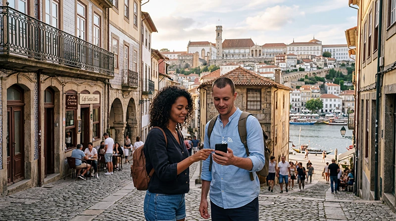 Tourists using mobile internet and Portugal eSIM while exploring Coimbra