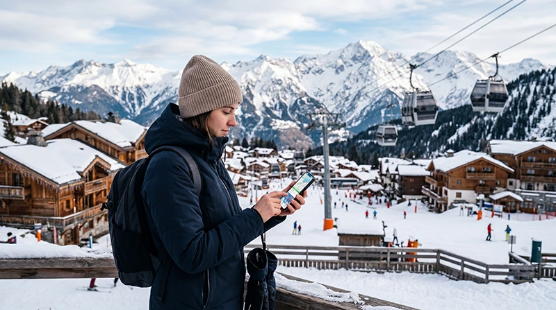 Tourist using France eSIM and mobile internet in Courchevel ski resort
