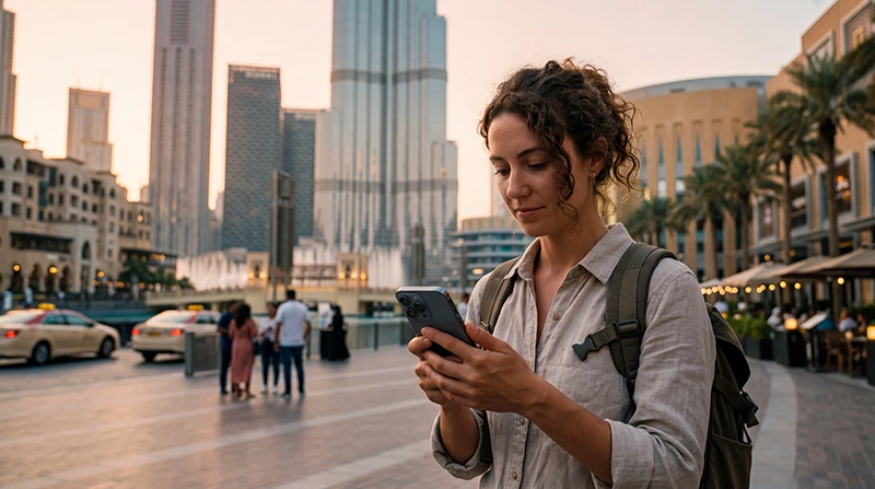 Tourist using mobile internet in Downtown Dubai with smartphone near Burj Khalifa and Dubai Mall.
