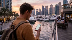 Traveler using mobile internet in Dubai Marina with smartphone and UAE eSIM near the waterfront skyline.