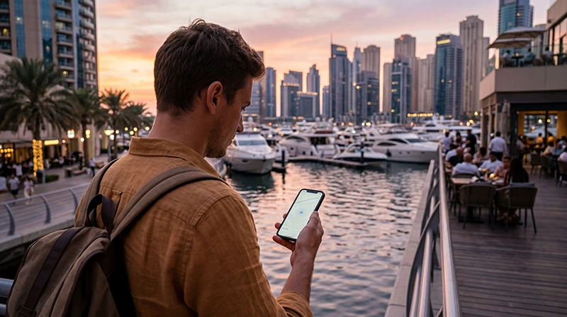 Traveler using mobile internet in Dubai Marina with smartphone and UAE eSIM near the waterfront skyline.