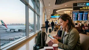Traveler using internet during a Dubai layover with smartphone and luggage at Dubai Airport.