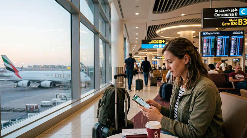 Traveler using internet during a Dubai layover with smartphone and luggage at Dubai Airport.