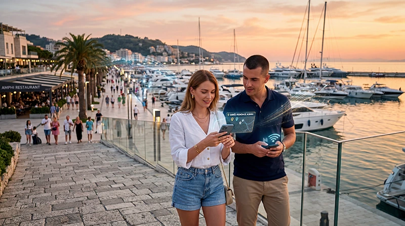 Tourists using mobile internet and eSIM connectivity while traveling in Durrës, Albania.