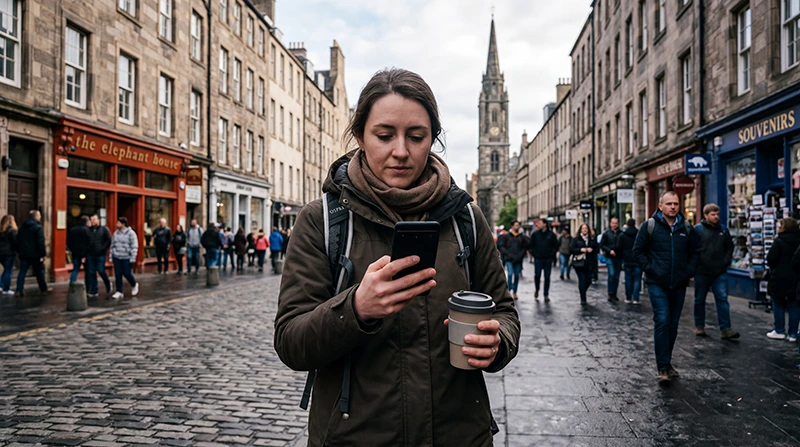 Tourist using mobile internet in Edinburgh on a smartphone near historic city landmarks.