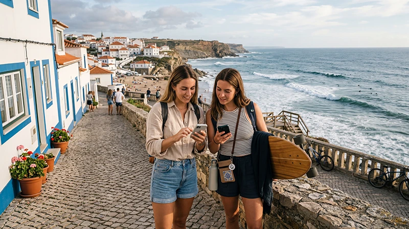 Tourists using Portugal eSIM and mobile internet while exploring Ericeira Portugal