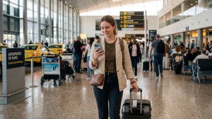 Traveler using mobile internet and eSIM at Faro Airport