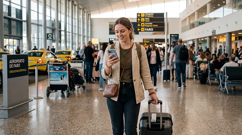 Traveler using mobile internet and eSIM at Faro Airport